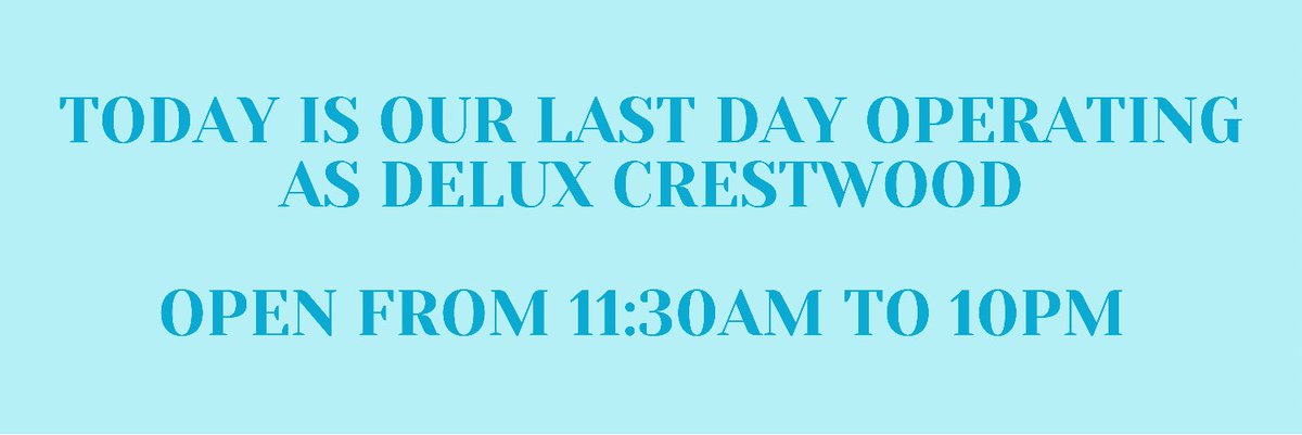 142yeg's tweet photo. Today is our last day operating as Delux Crestwood. We are open from 11:30 AM to 10 PM, looking forward to seeing you all today! ✌️
We will be closed Sunday/Monday/Tuesday while we taste test our new menu items and get ready to open our doors on Wednesday as #OneFourTwoYeg #Yeg https://t.co/tx6ZTolpMt
