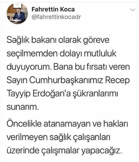 2 Temmuz'da sağlıkçılara atama yapacağız dediniz, bizler de size güvenerek bekledik. <a href="/drfahrettinkoca/">Dr. Fahrettin Koca</a> sözünüzde durmayacağınızı bilseydik, yeniden sınava hazırlanırdık ya da işe girerdik. Göreve geldiğinizde yaptığınız gibi yine yüzüstü bıraktınız!
#SözSenettir3AyBittiSnKoca