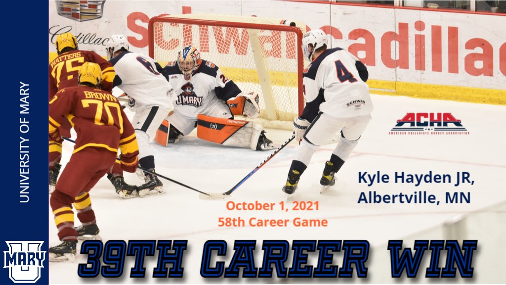 Goaltender, Kyle Hayden became the all-time wins leader at UMary with his 39th career win vs ISU last night.  He moves in front of fellow All-American Lance Knudson who played from 2018-2020. Congratulations, Kyle! #Hooksup