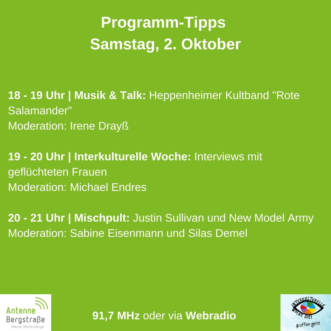 Unsere Programm-Tipps für den vorletzten Sendetag der #Sendewoche2021. ⬇️

Das komplette Tagesprogramm gibt es hier: antennebergstrasse.de/programm/sende…
#AntBerg #91komma7 #ikw2021 <a href="/initiative_ikw/">Interkulturelle Woche (IKW)</a>