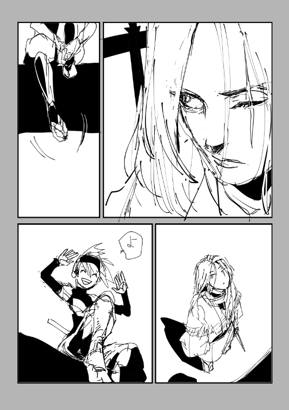 きっちり線をとらない漫画の試行錯誤。こういう感じの線をカラー漫画にしたらどうか…!白黒には荒すぎるかな…?描きたいものと描けるものが違うとやっと割り切れるようになってきて今更描けるものを探してる感じですね。色々試したい!