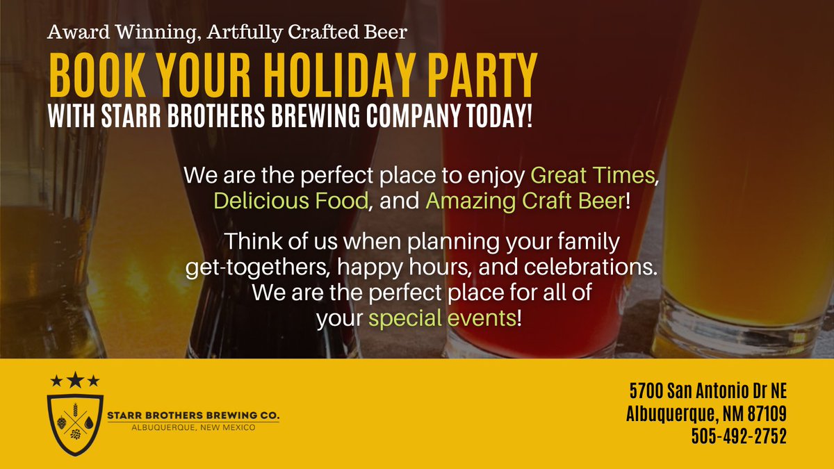StarrBroBrewCo's tweet photo. Book your Holiday party @StarrBroBrewCo Today! We are the perfect place to enjoy Great Times, Delicious Food, and Amazing Craft Beer! (and now serving Cocktails!) 
https://t.co/MSIR8nJ9a2
#StarrBrothersBrewingCompany #craftbeer #nmbreweries #abqbreweries  #bestbreweryABQ https://t.co/ZIaidc6gnm