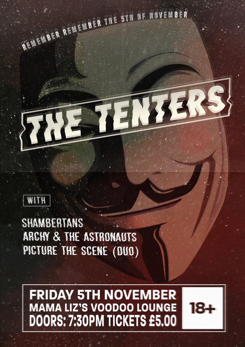 thetentersmusic's tweet photo. 🚨 GIG ANNOUNCEMENT 🚨 

Friday 5th November we play Mama Liz's Voodoo Lounge. Ticket link below, GET DOWN 🎇🔥 

https://t.co/9iXAeSEu1a https://t.co/dixt9TzSv3
