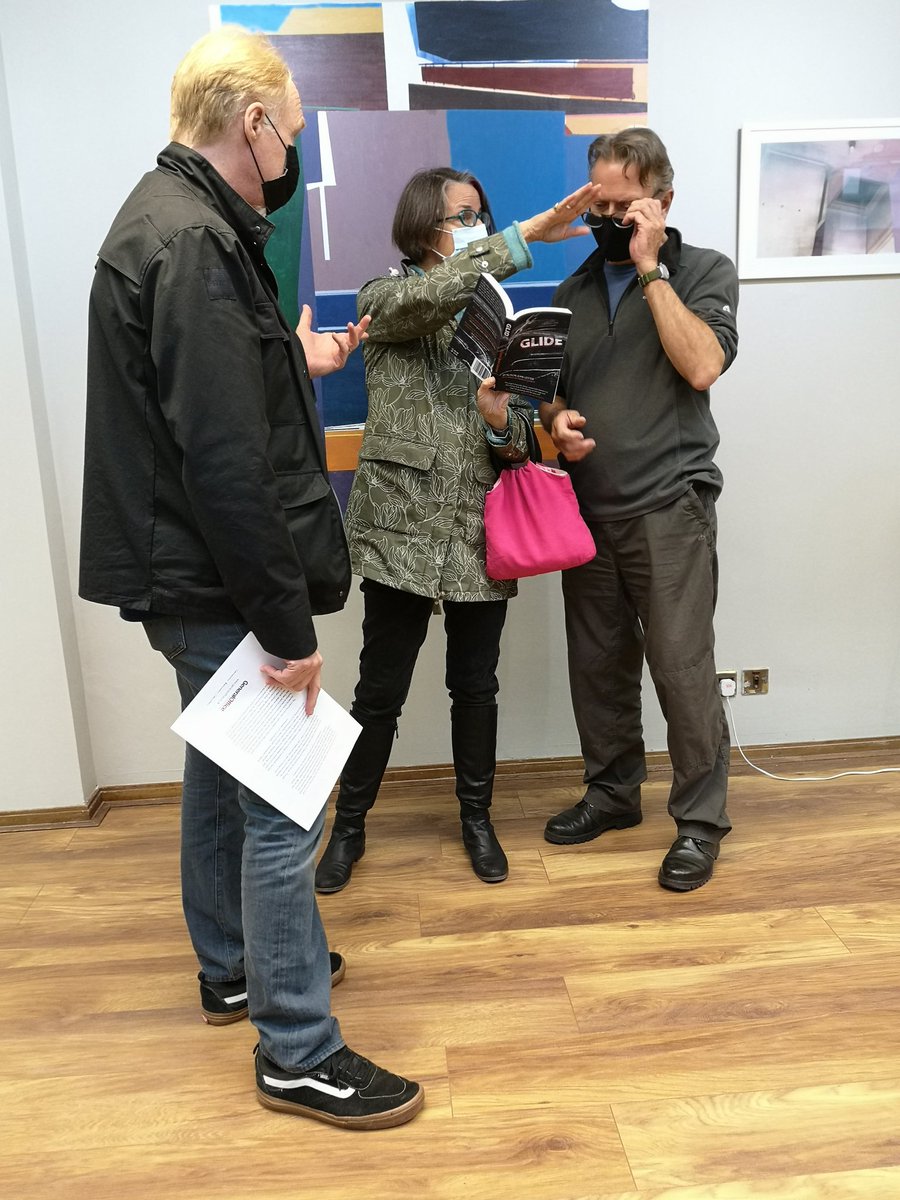 A_J_Lester's tweet photo. An animated discussion with @GeneralOffice12 in #Stourbridge about how to hang @AndrewGurnett's images at our #Glide pre-publication event on 11 November. #WestMidlands readers and art-lovers, save the date! #thirdnovel
(Thanks to @paulnwakelam for the action shot) https://t.co/XSRDYqCwIJ