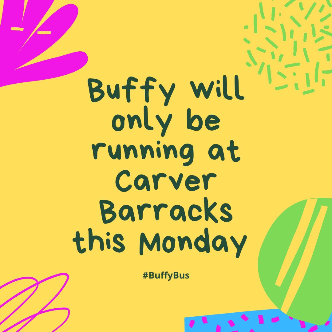 Apologies #BuffyPlaybus will not be running at Great Chesterford or #SaffronWalden this Monday. We will hopefully be able to refuel in the morning and attend our #CarverBarracks stop in the afternoon.