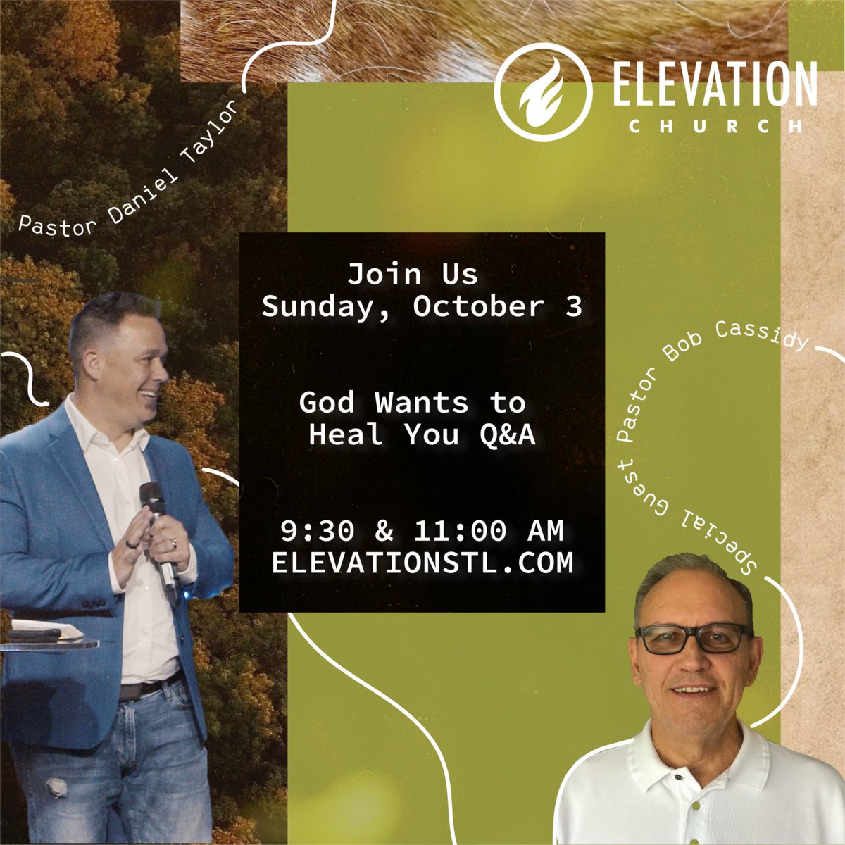 elevationSTL's tweet photo. Tomorrow, Pastor Daniel and special guest Pastor Bob Cassidy are teaming up to tackle your questions about healing! https://t.co/Tfrk1m0Oc3