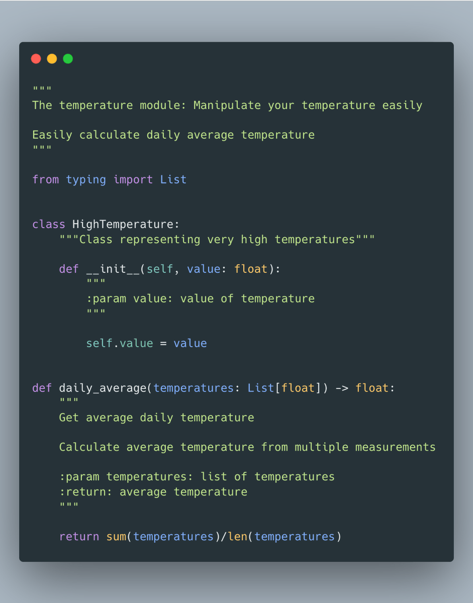 testdrivenio's tweet image. Python Clean Code Tip:

Use docstrings to document usage of your modules/classes/functions

👇