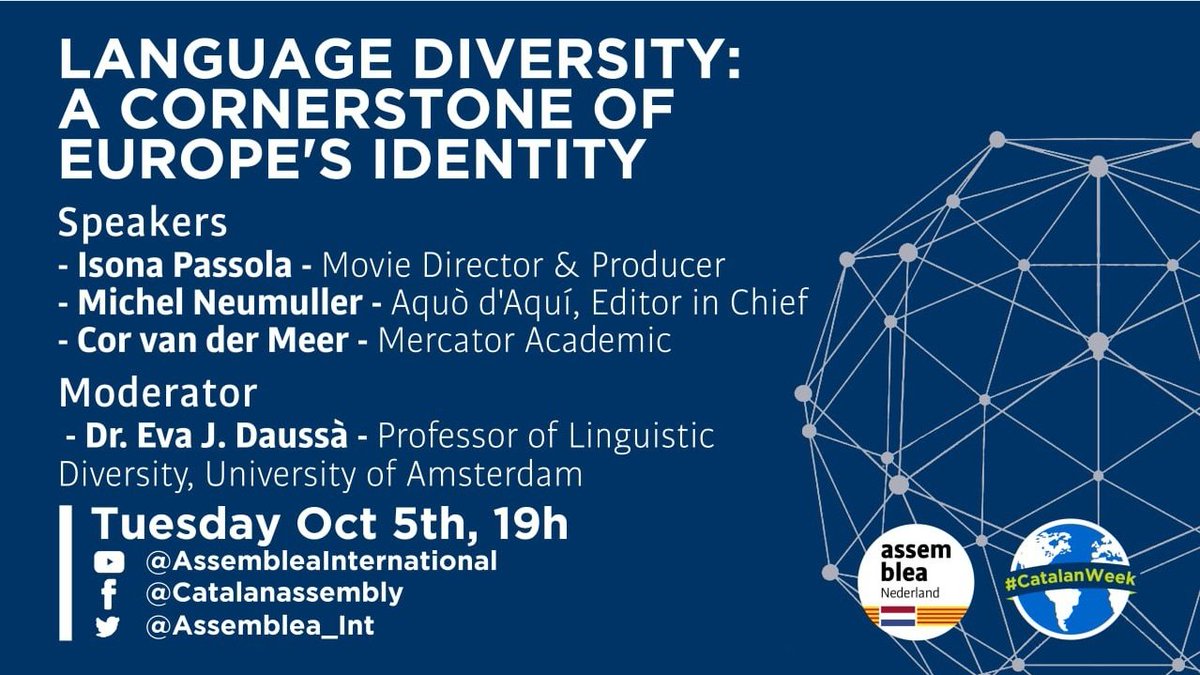 assemblea_int's tweet image. ⬛⬜ On Tuesday, @ANC_NL is organizing an event in the framework of the #CatalanWeek2021

📌"Language diversity: Cornerstone of Europe's identity"
👥 With @isonapassola, @NeumullerM, Cor van der Meer
🗓️ Tuesday, Oct 5, 19h
🎥 @assemblea_int social media channels.

#Catalanweek