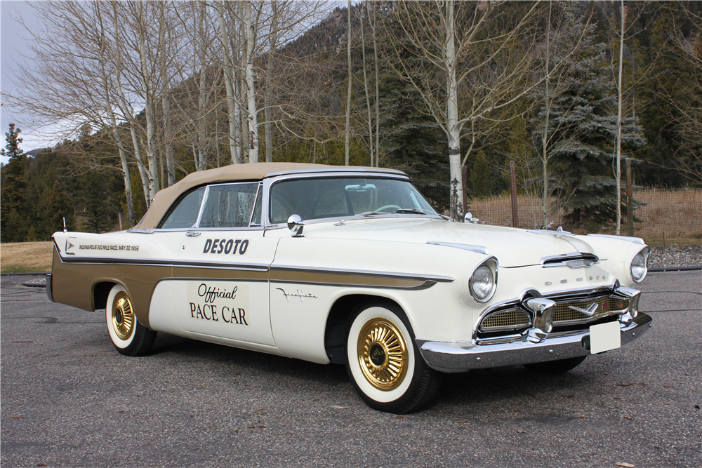 Mercomatic's tweet photo. 1956 #DeSoto #Fireflite #Convertible #PaceCar Edition; 331 cid #Hemi V8, 4 bbl, 255 hp; 2-speed Push-Button PowerFlite automatic; DeSoto was honored with the #Indy500 Pace Car title in 1956, and a limited number of replicas were sold, but without the external Pace Car lettering. https://t.co/QeXHOpvCSK