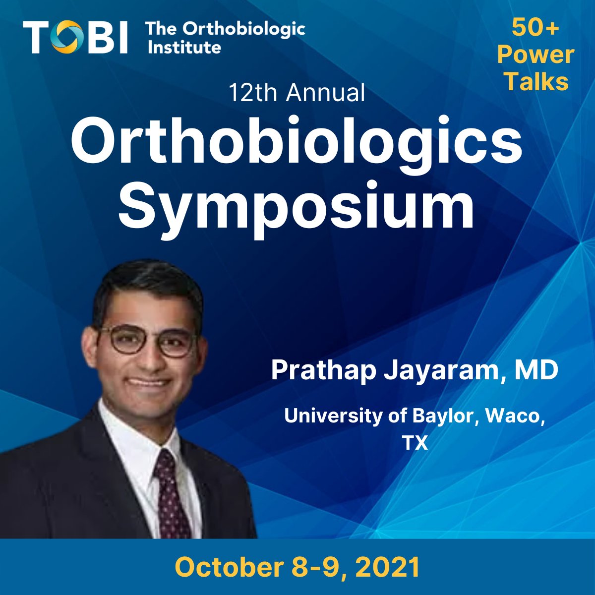PRP Modulates Nociceptive Pain, Structural and Functional Endpoints
Prathap Jayaram, MD, University of Baylor, Waco, TX
Join us for 50+ quick power talks 
Register now at bit.ly/3wdyX8v
Use code TOBI50 for $50 off
#orthobiologics #orthopedics #sportsmedicine