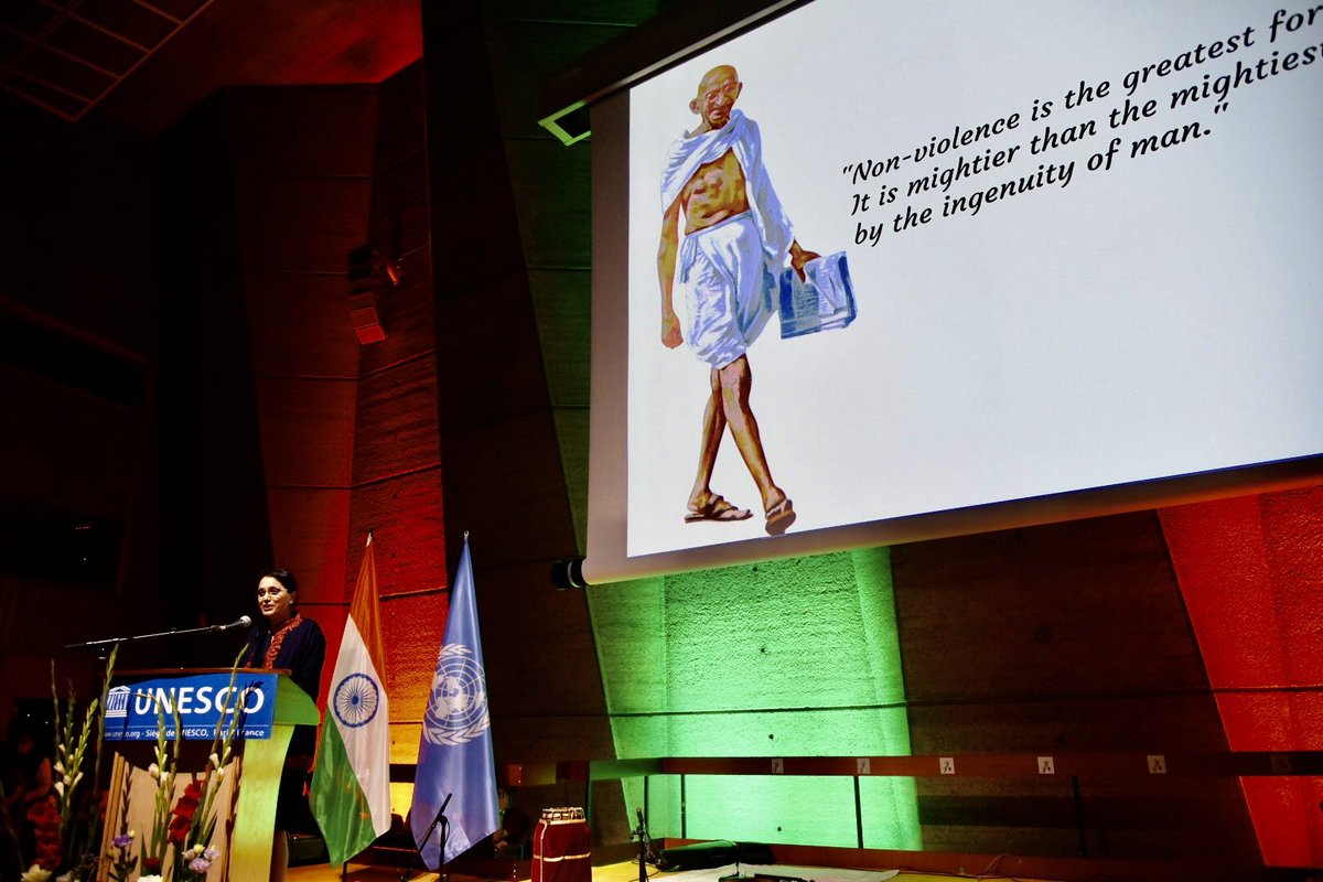 IndiaatUNESCO's tweet photo. Glimpses of the cultural evening organized at UNESCO, Paris on the occasion of Gandhi Jayanti.
ADG Science, Ms.Shamila Nair- Bedouelle shared her thoughts on Mahatma Gandhi and his journey in South Africa. #GandhiJayanti #AmritMahotsav https://t.co/iL8qovY47A