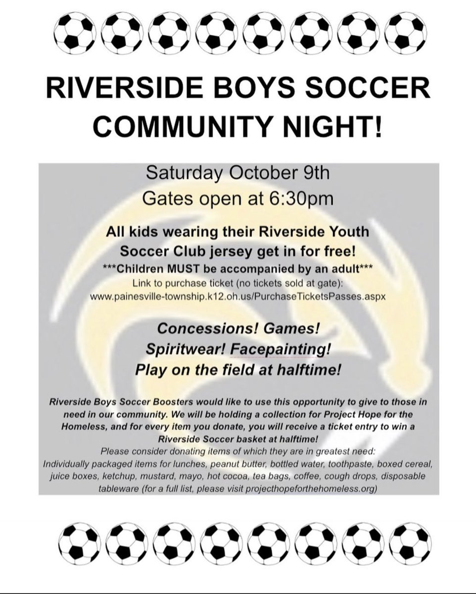 RiversideSocce2's tweet photo. Next Saturday we are having our Community Night! Please consider donating, if you can. All youth players wearing their Soccer Club jersey gets in free! https://t.co/5TSUTLl1rr