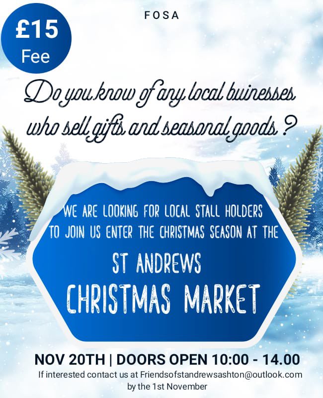FriendsAndrews's tweet photo. We are holding a Christmas Market 20th November @St_AndrewsCofE please get in touch if you would like a stall https://t.co/wsduNEHO9K