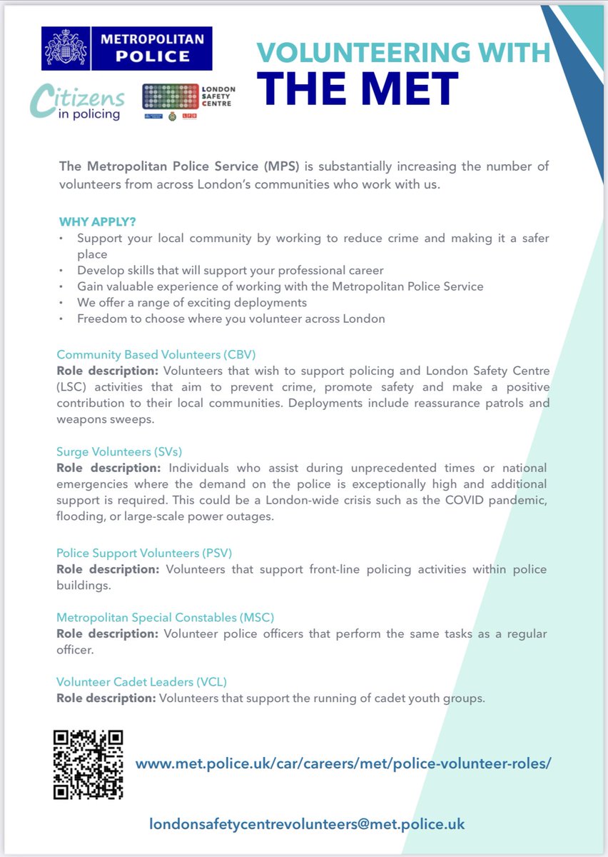 🎙#Engagement | Due to the successful deployment of volunteers in the West End, we are looking to increase the number of volunteers across the Metropolitan Policing District

Check out the wide range of roles available below👇 

We look forward to hearing from you 👮‍♀️👮‍♂️
