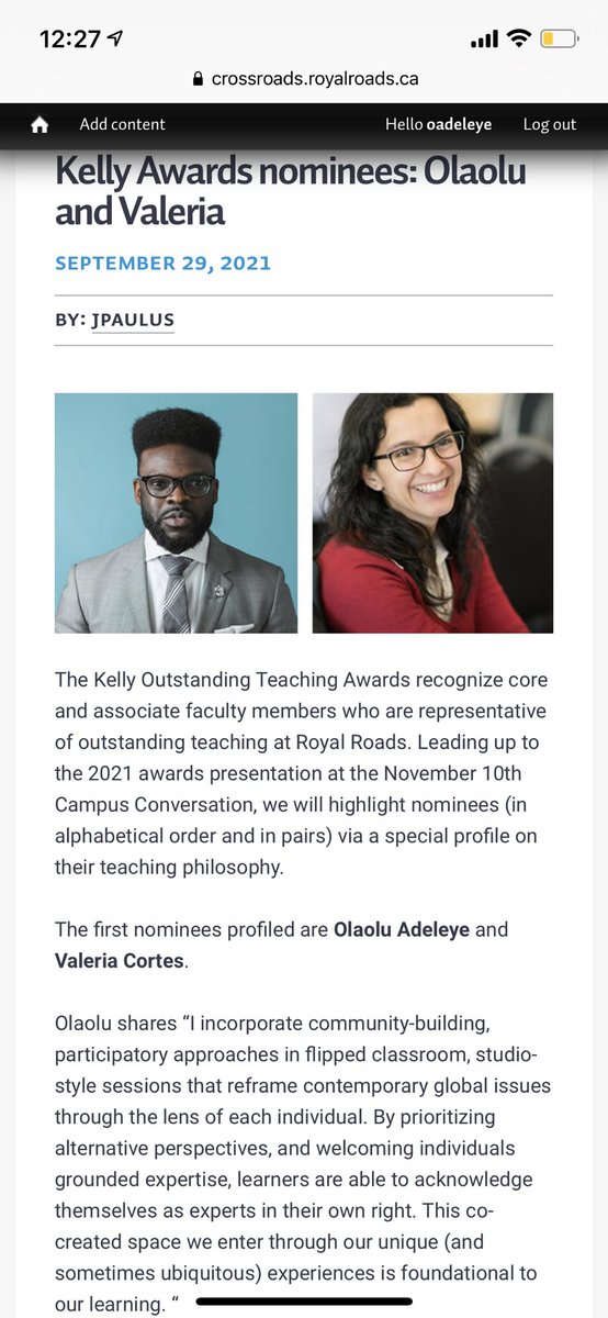 olaoluadeleye's tweet photo. It is an honour to be a nominee for @RoyalRoads Kelly Teaching Award.
Thank you to all who have contributed to my learning & growth while supporting my transition into #HigherEd, and to #RRU for espousing your #LRTM
Congratulations to all!
#RRU #LifeChanging #ProfessorO https://t.co/VEZgru7xWz