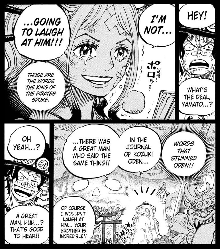 To this day, I'm STILL wondering what Luffy told Ace and Sabo.

His dream COULDN'T have just been "I want to be King" because it was the exact same as Roger, and Roger NEVER set out to be King of the Pirates.

The only person who really knows is Yamato, because Ace told her. 