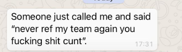 WazzaBarlow's tweet image. One of our refs got a phone call today after the game

This is what grassroots referees have to put up with!

😡

The number calling was 07307 389864 and wasnt blocked, but isnt answering our follow up calls!!