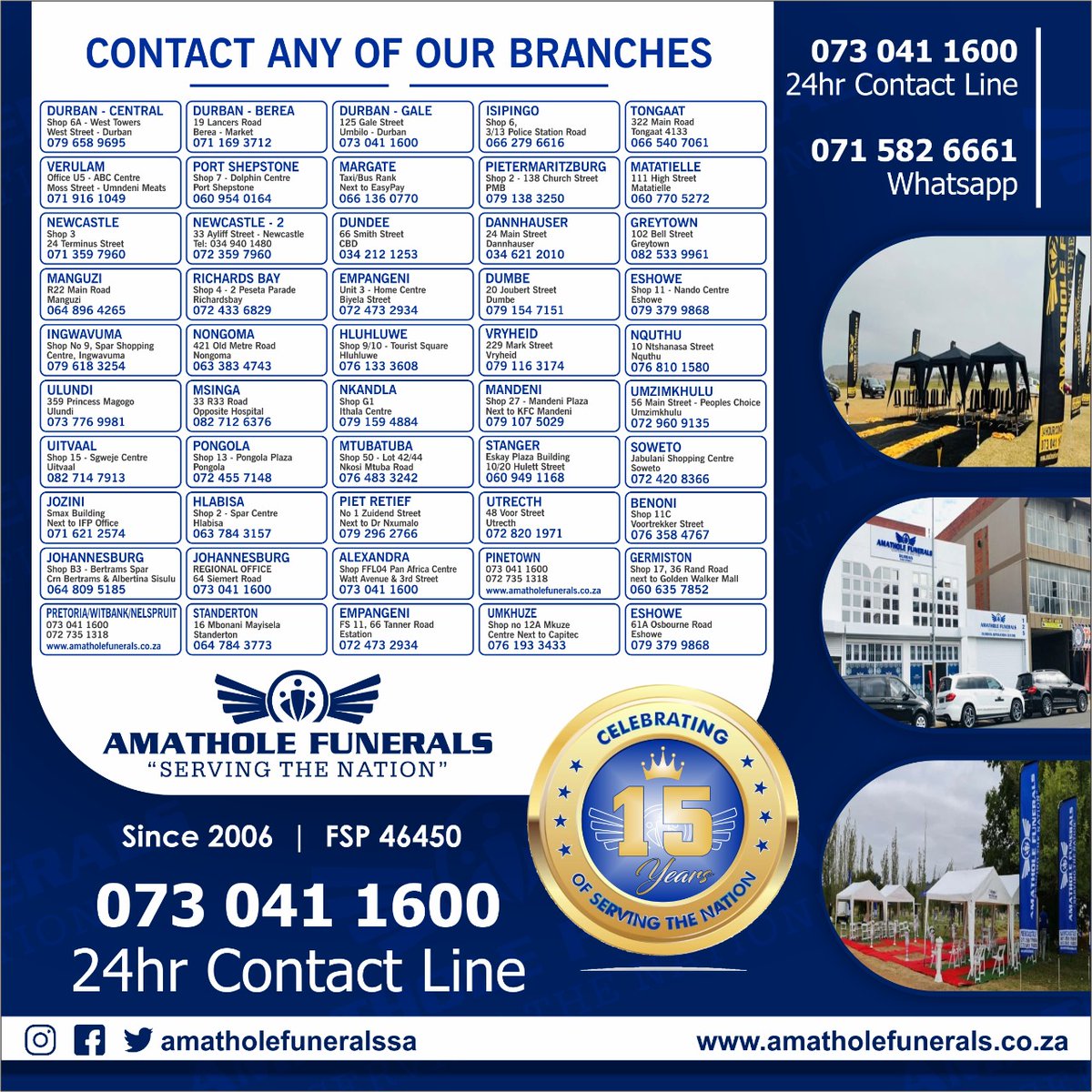 AmatholeSa's tweet photo. Nazi ezinye izinombolo zezi ndawo ezihlukene esitholakala kuzo uma nidinga usizo.

The customer care line can be very busy at times, here are other alternative contact  details to use 

#AmatholeFunerals #ServingTheNation @ #15yearsofservingthenation 
#FSP46450 https://t.co/zdcszgPz4r