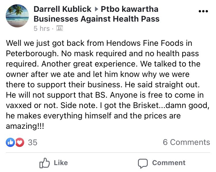 covid19ptbo's tweet photo. Submitted to me via DM. Another business to avoid is Hendows Fine Foods as they aren’t complying with the proof of vaccination mandate. #ptbo https://t.co/Spk01ZxTUf