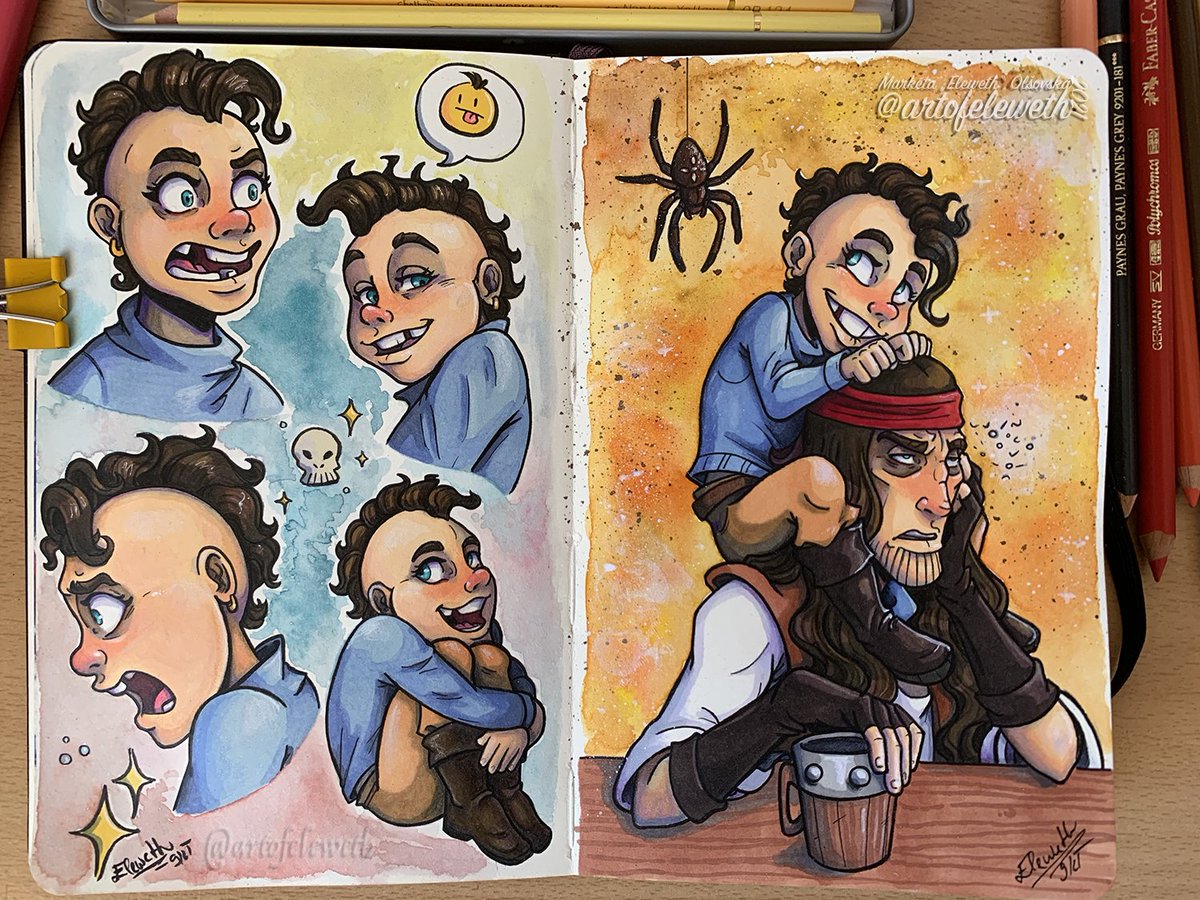 artofeleweth's tweet photo. Colored version OC warm-up doodles✨
Markers, watercolors and touch of pencils
#art #artwork #artist #sketchbook #moleskine #comics #characterdesign #pagespread #expressions #traditionalart #traditional #polychromos #watercolor #ink #doodles #saltybusiness #slanejbyznys #pirate https://t.co/p5SAnEaDDS