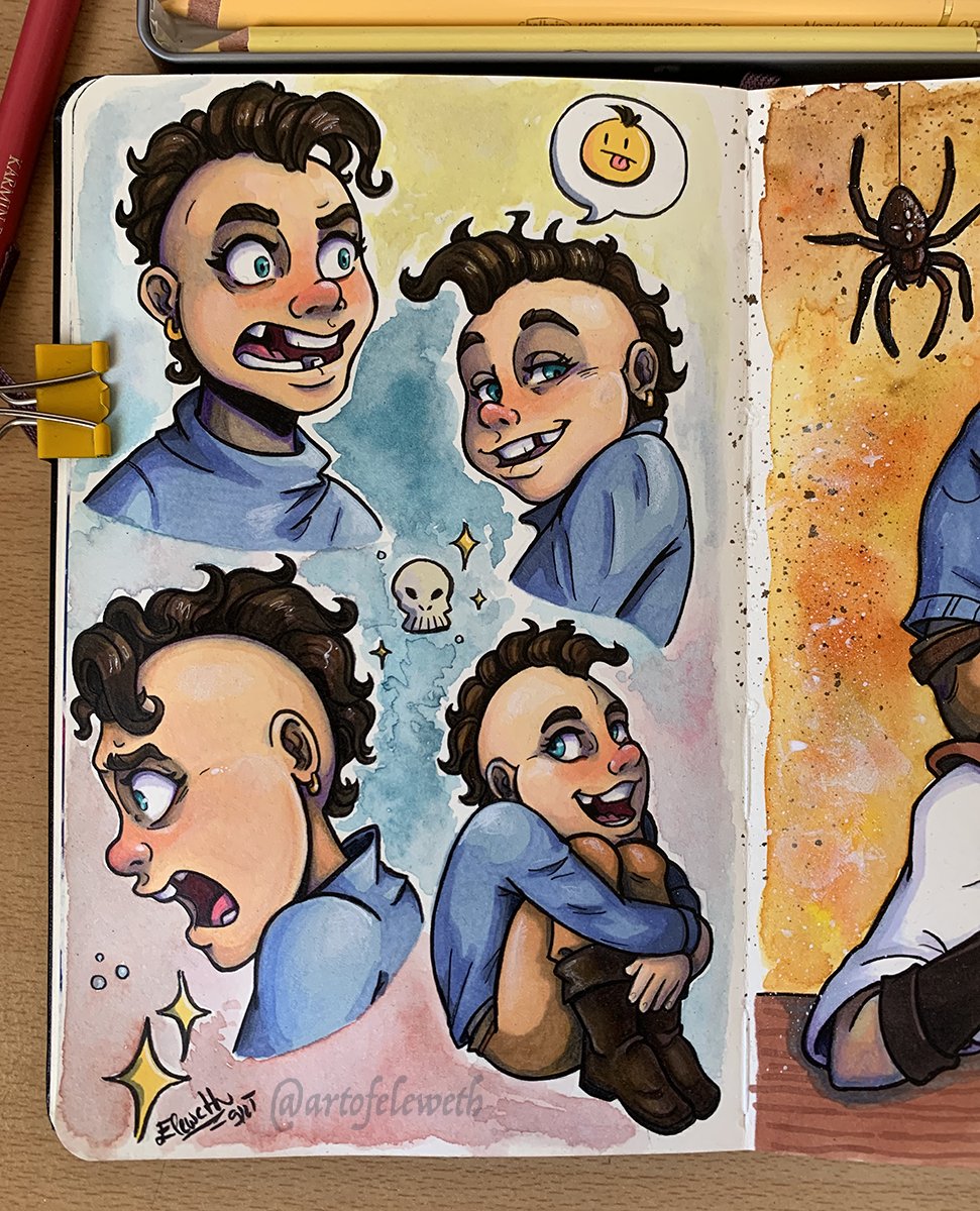 artofeleweth's tweet photo. Colored version OC warm-up doodles✨
Markers, watercolors and touch of pencils
#art #artwork #artist #sketchbook #moleskine #comics #characterdesign #pagespread #expressions #traditionalart #traditional #polychromos #watercolor #ink #doodles #saltybusiness #slanejbyznys #pirate https://t.co/p5SAnEaDDS