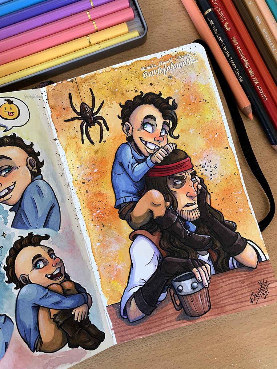artofeleweth's tweet photo. Colored version OC warm-up doodles✨
Markers, watercolors and touch of pencils
#art #artwork #artist #sketchbook #moleskine #comics #characterdesign #pagespread #expressions #traditionalart #traditional #polychromos #watercolor #ink #doodles #saltybusiness #slanejbyznys #pirate https://t.co/p5SAnEaDDS