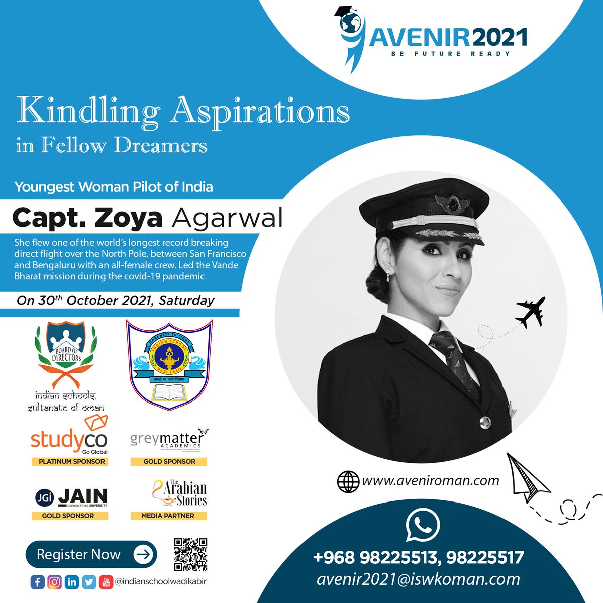 indianschoolwk's tweet photo. She led an all- female crew on one of the world's longest record-breaking direct flights over the North Pole, between San Francisco and Bengaluru. 
Register--https://t.co/PduVWQhiPq
#avenir #avenir2021 #iswk #iswkoman #higherstudies #Muscat #Oman #CareerFair #Education https://t.co/QL0eb3UicJ