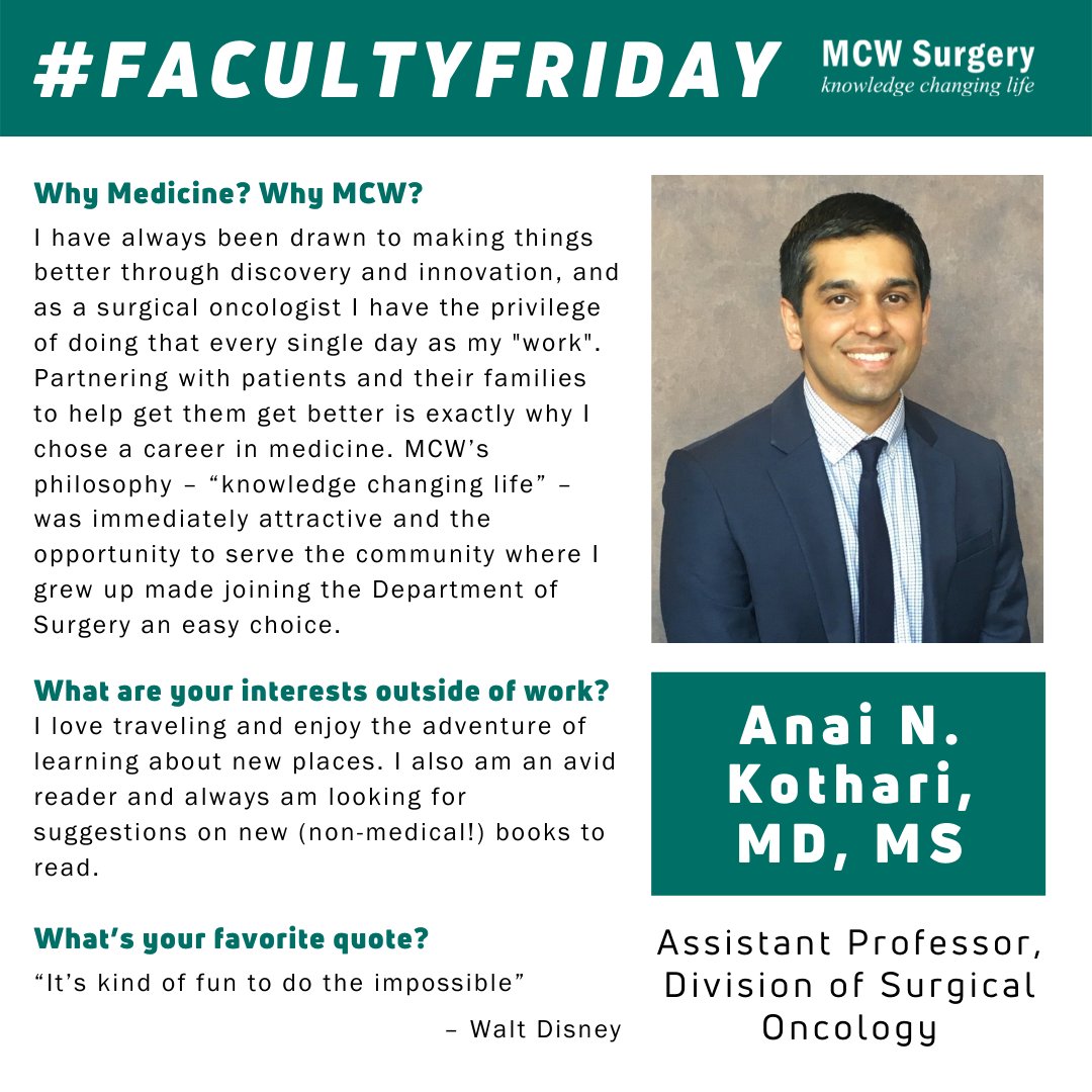 MCWSurgery's tweet photo. Happy #FacultyFriday! We're featuring Dr. Anai Kothari from @mcwsurgonc! Dr. Kothari is a Wisconsin native & an active researcher w/ a focus on applying advanced analytic methods to improve personalized patient care. ๐ฅ @MedicalCollege
@anaikothari #LeadingTheWay #whymcwsurgery https://t.co/6R95jqMcf2
