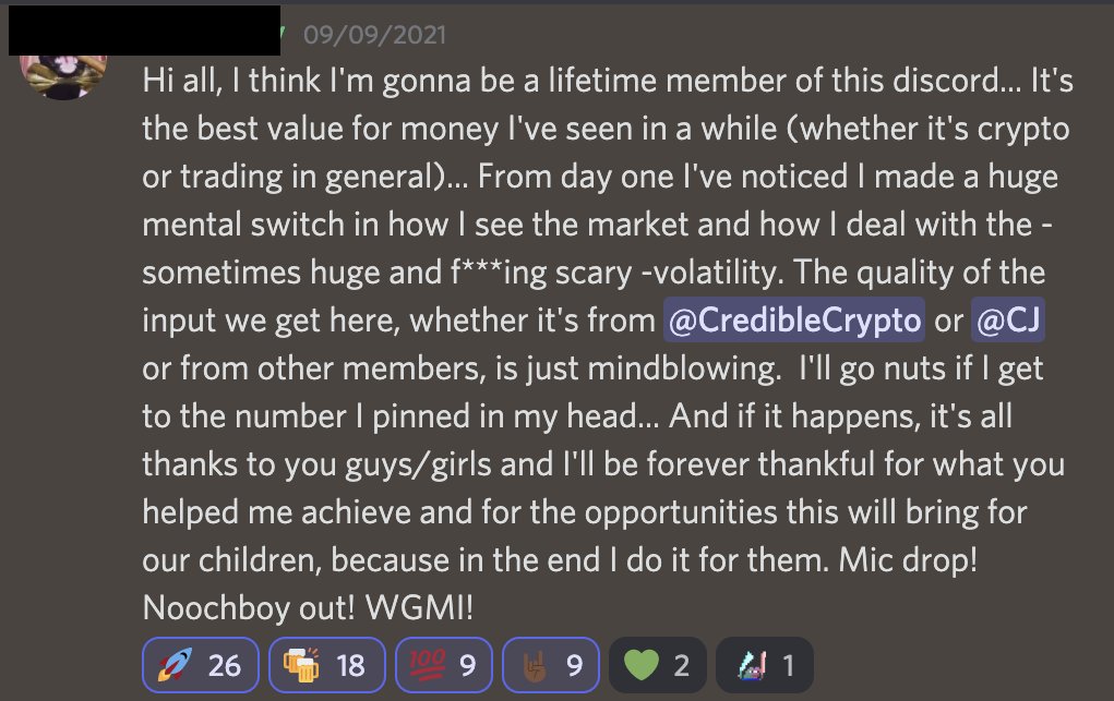 CredibleCrypto's tweet photo. Spots have opened up for the Academy for October! Come join me and @IrnCrypt in our private Discord. Link is in bio, or DM me for more info. Month to month subs so you can cancel any time. Below is a recent testimony from one of our members who has been with us for 9 months now. https://t.co/7M8joRQMLz