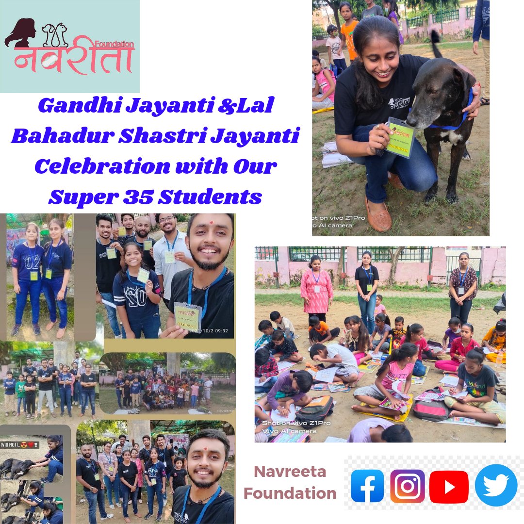 NavreetaF's tweet photo. Marking today's special occasion, today, October 2nd we celebrated the birth anniversary  Gandhi Jayanti &amp; Lal Bahadur Shastri Jayanti to all.
We celebrated this special day with the support of Navreeta Foundation Volunteers ,Interns and Super 35 Students. https://t.co/8kjTz2JUKk