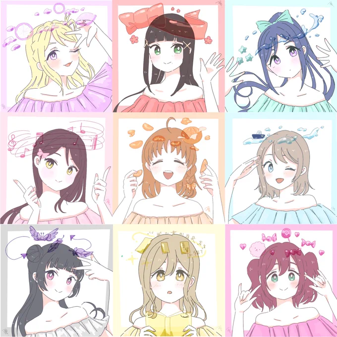 @___dayzzz 勝手に保存しちゃってすいません、1人ずつイラスト投稿されるの見るたび可愛いぃぃぃ!!っと思ってたら、1枚にまとめてくださったのでつい、、、

このシリーズのAqoursちゃんたち大のお気に入りです😊😊 