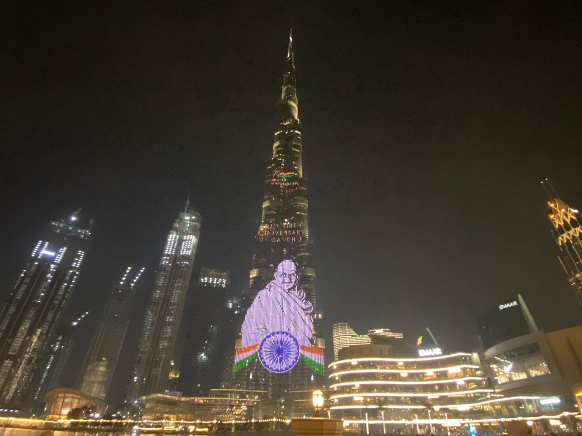 ANI's tweet photo. United Arab Emirates: Burj Khalifa in Dubai illuminates Mahatma Gandhi's image on the occasion of his birth anniversary https://t.co/KB9IPt2qoo