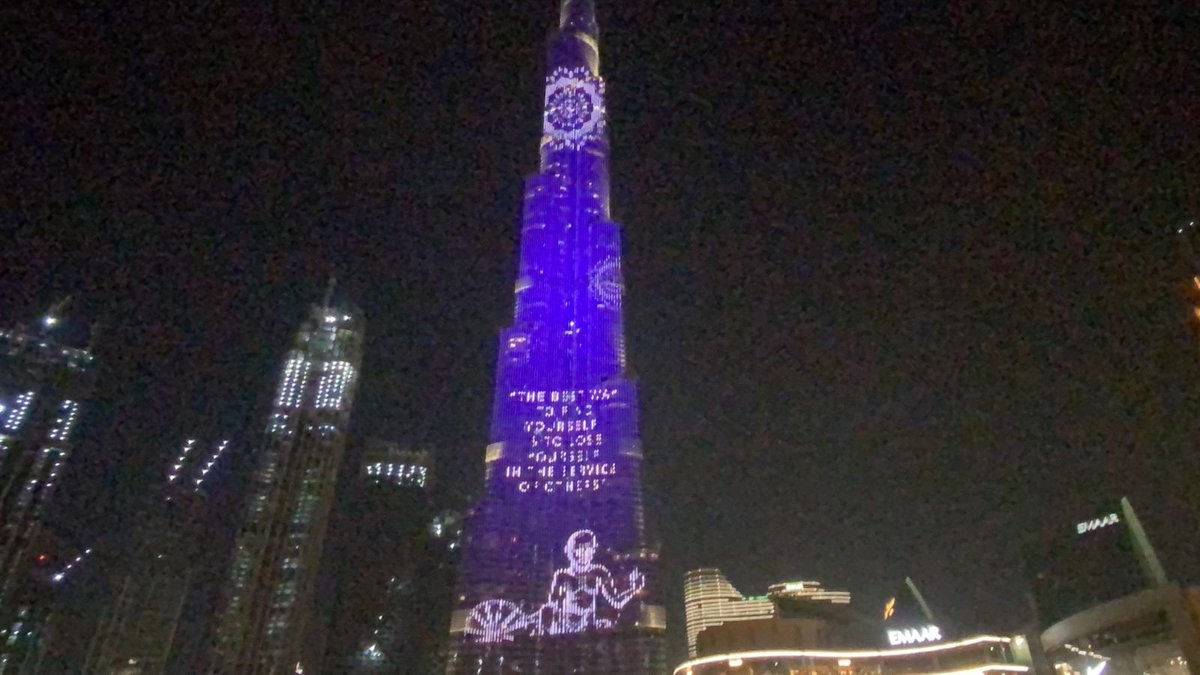 ANI's tweet photo. United Arab Emirates: Burj Khalifa in Dubai illuminates Mahatma Gandhi's image on the occasion of his birth anniversary https://t.co/KB9IPt2qoo