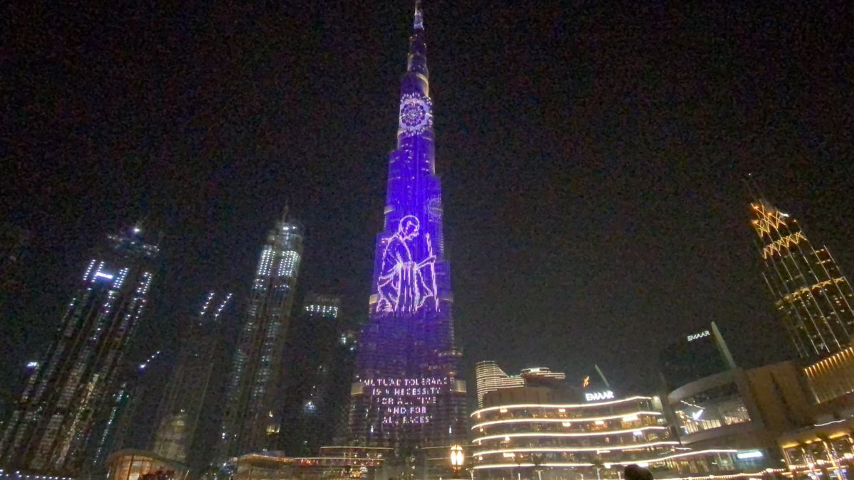 ANI's tweet photo. United Arab Emirates: Burj Khalifa in Dubai illuminates Mahatma Gandhi's image on the occasion of his birth anniversary https://t.co/KB9IPt2qoo
