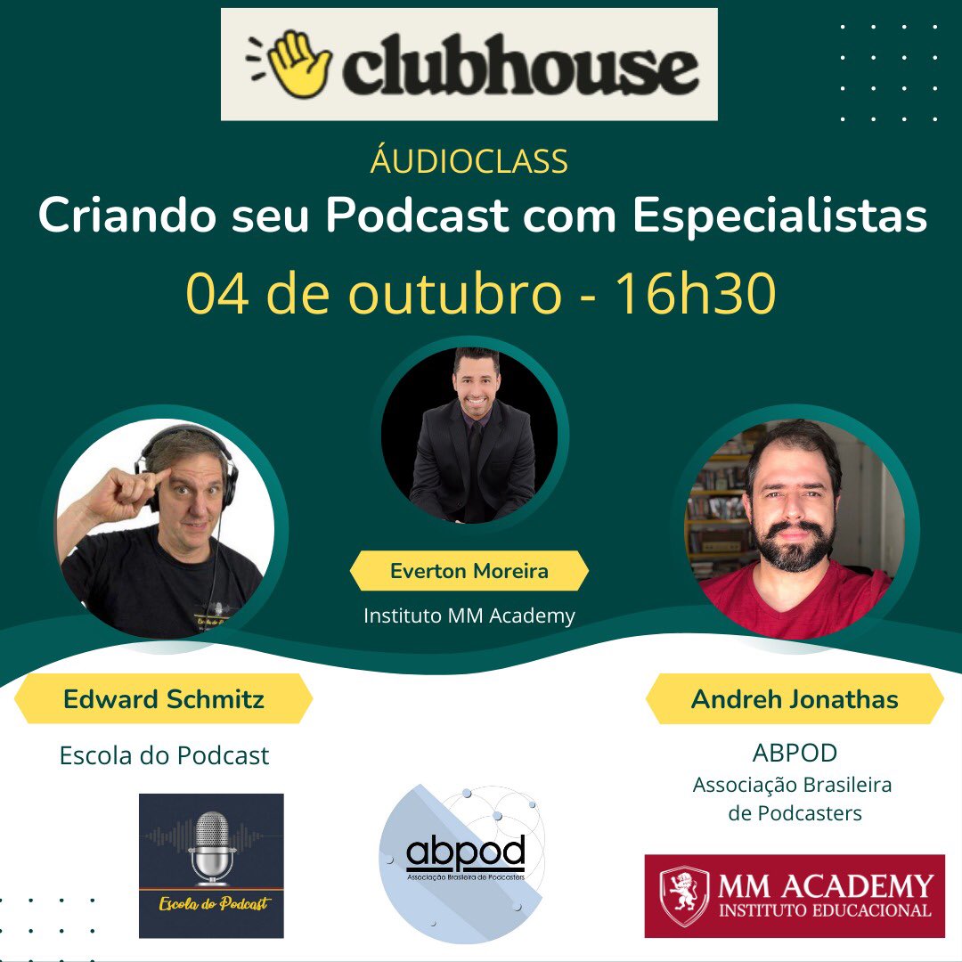 abpodcasters's tweet photo. ➡️ Estaremos, representado por nosso presidente, @andrehjc, trocando ideias c produtores e produtoras d podcast no @Clubhouse, com @edward_schmitz d Escola d Podcast, mediado por Everton Moreira do MM Academy.
4/10, 16:30 - 17:30. Bora?!
Links: https://t.co/esjs3Ytpn0
#abpod https://t.co/reV7EaSeFt