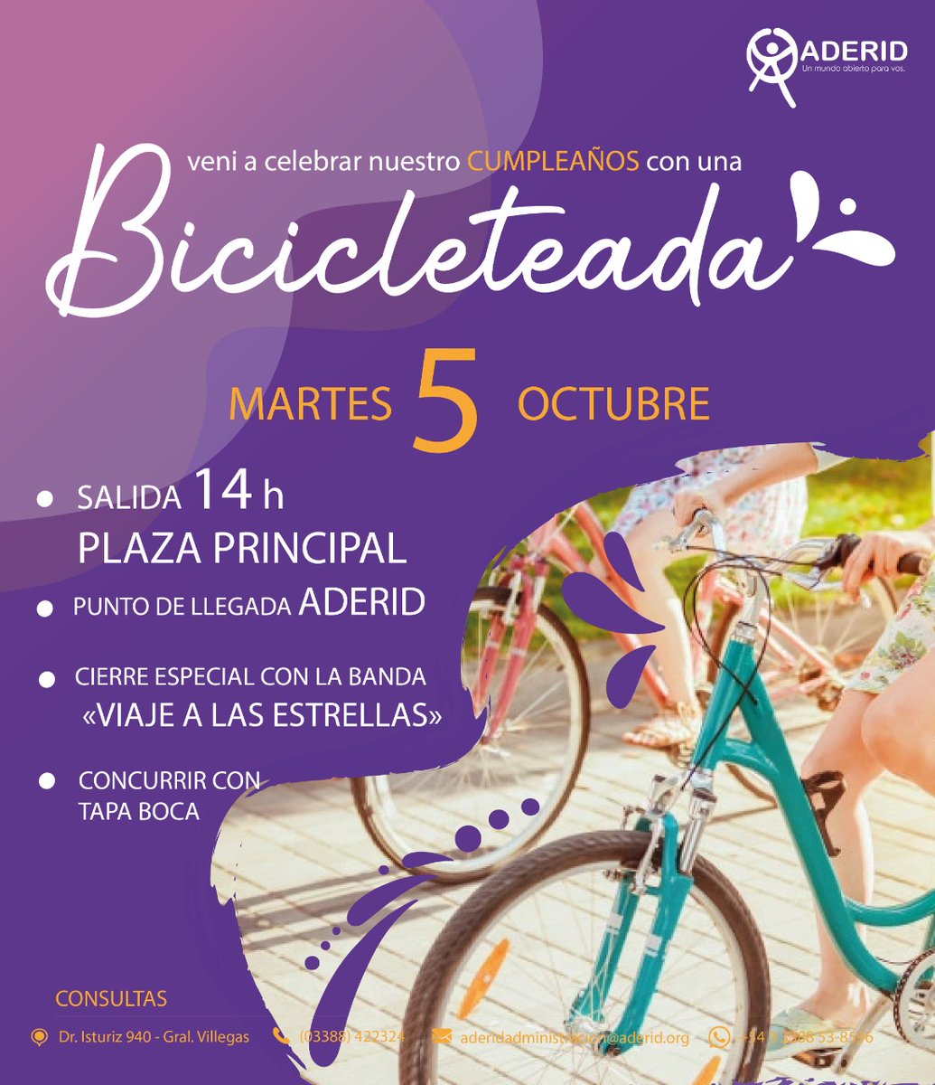 ADERID1's tweet photo. 🎈🎈ADERID CUMPLE 23 AÑOS
Y lo vamos a festejar....
👉 el 5 /10 👉 prepara la bici 🚲
📍 salimos a las 14 h de plaza principal (Gral. Villegas) 
📍 vamos hasta Aderid 
🎶 cierre con la banda "VIAJE A LAS ESTRELLAS"
📣 TE ESPERAMOS 
#aderidcumpleaños
#bicicleteada https://t.co/xynFHA5mhH