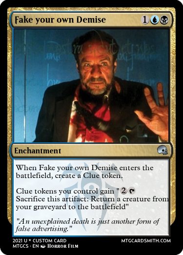 Intrepid_Tautog's tweet photo. To celebrate #mtgmoxtober, I'm holding a contest: Each day, I'll post a thematic custom card referencing a scary film.🎃Please RT so others can play!
- Comment w/ the film, earn 1 point
- Nov 1, the player w/the most points gets a ❓MYSTERY PRIZE❓
Oct 1&amp;2 theme: Rebirth &amp;Mystery https://t.co/LixeD0Wzk5