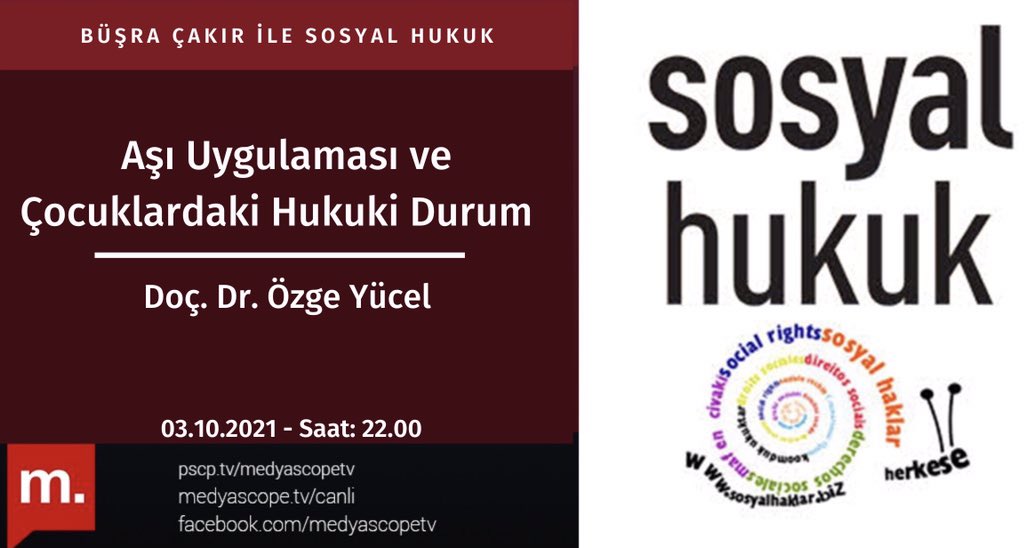 SosyalHukuk’ta yarın 22.00’da:
Aşı Uygulaması ve Çocuklardaki Hukuki Durum, Büşra Çakır’ın @cakiirbusra konuğu Doç. Dr. Özge Yücel @hititguenesi