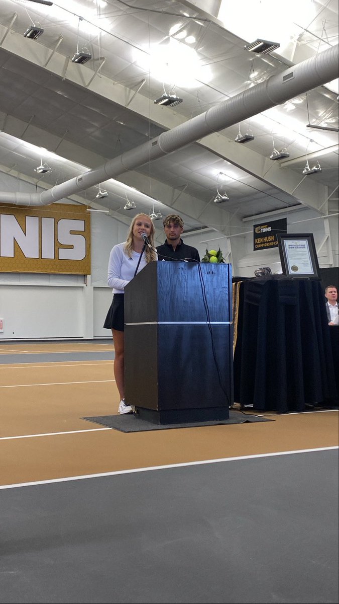emporiastate's tweet photo. The ribbon has been cut ✂️ 
for the Kossover Family Tennis Complex! We are so excited for this addition to campus 🎾💛. Thank you to everyone
who made this possible! #StingersUp https://t.co/hIBW6N9pU3