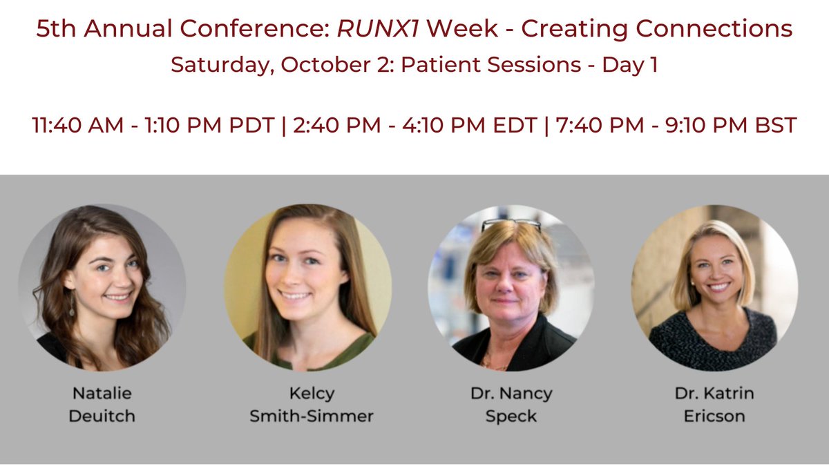RUNX1 Research Program (@runx1research) on Twitter photo Stop by #RUNX1Week at 2:40 pm ET for a #RUNX1 101 with <a href="/NIH/">NIH</a>'s <a href="/nataliedeuitch/">Natalie Deuitch</a> & <a href="/UWCarbone/">UW Health | Carbone Cancer Center</a>'s Kelcy Smith-Simmer. Then at 3:25 pm ET, Dr Nancy Speck of <a href="/LabSpeck/">Speck Lab</a> & Dr <a href="/EricsonKatrin/">Katrin Ericson</a> share key takeaways from the Scientific Sessions held earlier this week! ow.ly/8qB450GkDSL Stop by #RUNX1Week at 2:40 pm ET for a #RUNX1 101 with <a href="/NIH/">NIH</a>'s <a href="/nataliedeuitch/">Natalie Deuitch</a> & <a href="/UWCarbone/">UW Health | Carbone Cancer Center</a>'s Kelcy Smith-Simmer. Then at 3:25 pm ET, Dr Nancy Speck of <a href="/LabSpeck/">Speck Lab</a> & Dr <a href="/EricsonKatrin/">Katrin Ericson</a> share key takeaways from the Scientific Sessions held earlier this week! ow.ly/8qB450GkDSL