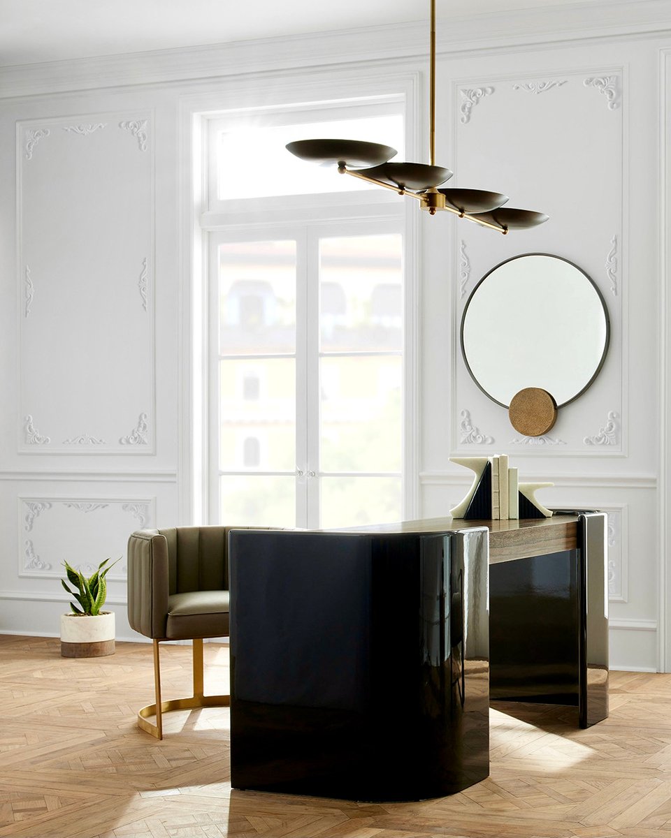 ArteriorsHome's tweet image. Make your home office a space for inspiration. The sleek, contemporary forms of our Parnell Desk, Tatum Chair, Griffith Linear Chandelier and Greenwich Mirror strike the perfect balance between business and pleasure. #ArteriorsHome #HomeOffice #ModernDesk
