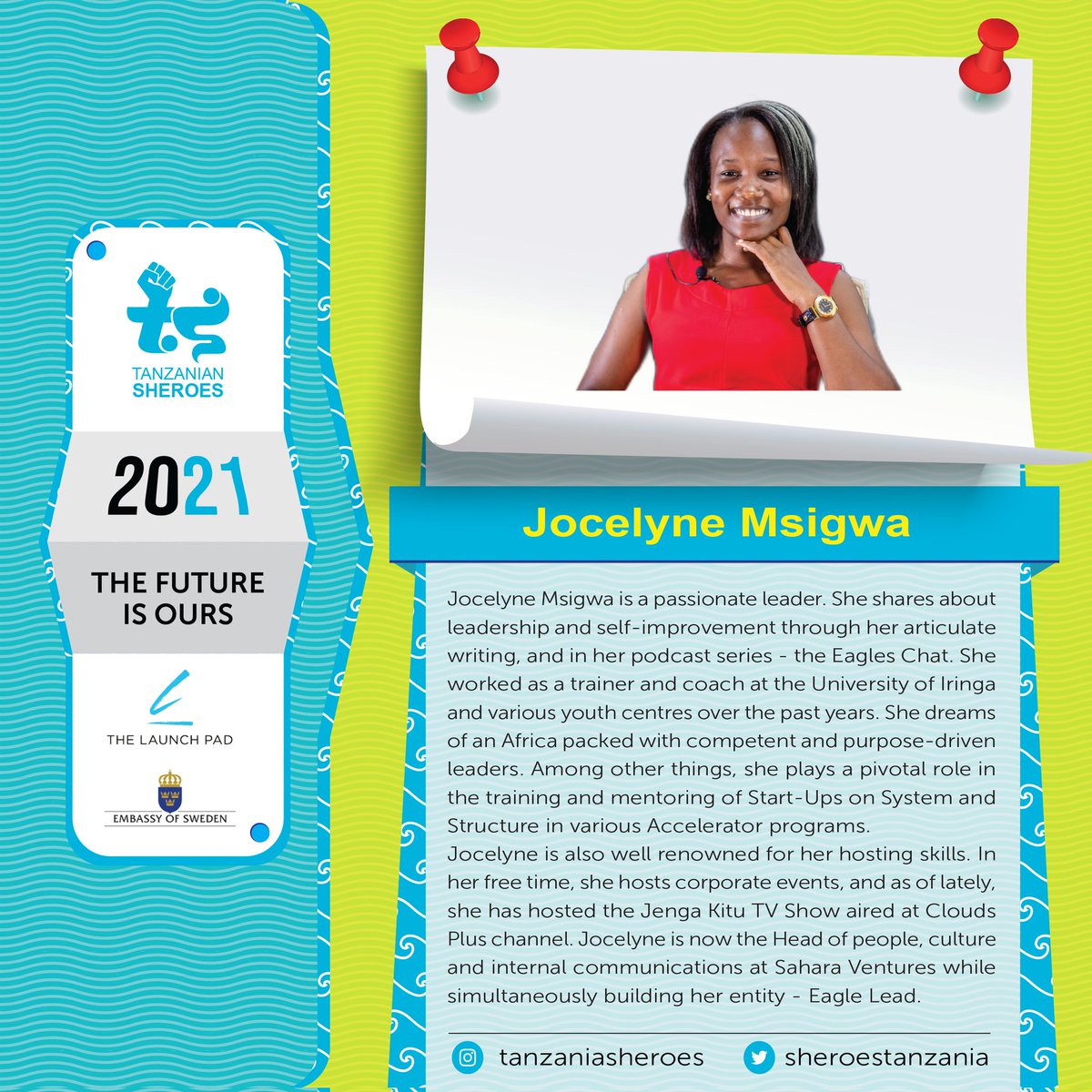 SheroesTanzania's tweet photo. DAY 46 #TanzaniaSheroes 2021

Congratulations @Jocelyne_msigwa 

Jocelyne is a passionate leader who works hard to ensure other young upcoming leaders are purpose driven.

#TheFutureIsOurs 

#100TanzaniaSheroes 
#100TanzanianSheroes https://t.co/MYi4cTzdlF