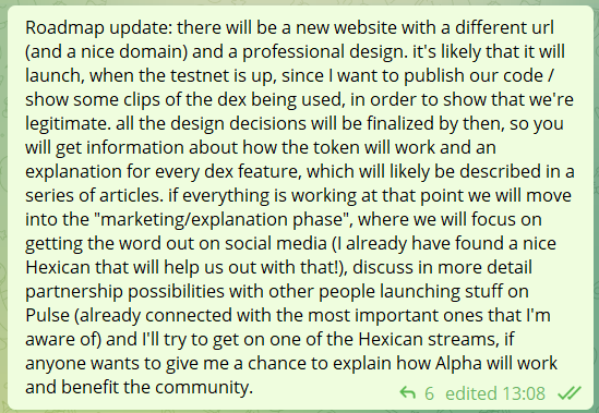 AlphaSwapDex's tweet photo. We're thrilled to see all of the new people following our Twitter and joining the Telegram chat! Here is a small roadmap update from the chat, you will hear a lot more from us, once the dex is live on testnet :) https://t.co/bWetDZArmd