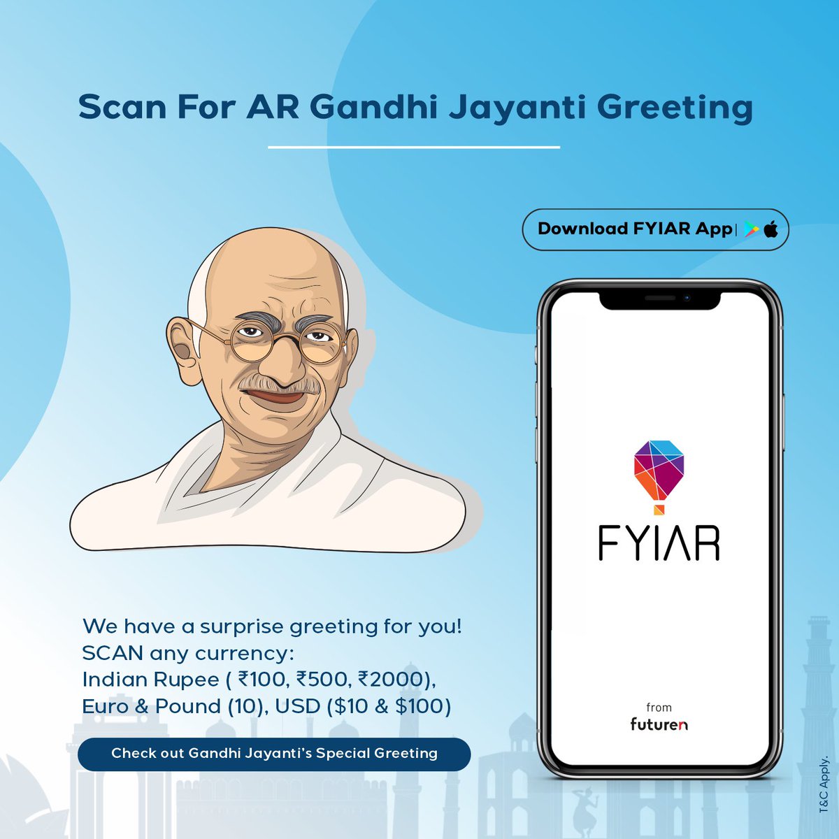 Fyiarapp's tweet photo. On the occasion of Gandhi Jayanti, a special greeting awaits for you on FYIAR App. 

Simply Download- FYIAR App &amp; scan mentioned Currency 

#gandhijayanti
#mahatmagandhi
#ar #vr #augmentedreality #virtualreality #virtualrealityexperience
#augmentedrealityapp
#fyiarapp #futurern https://t.co/uJosQQa44C