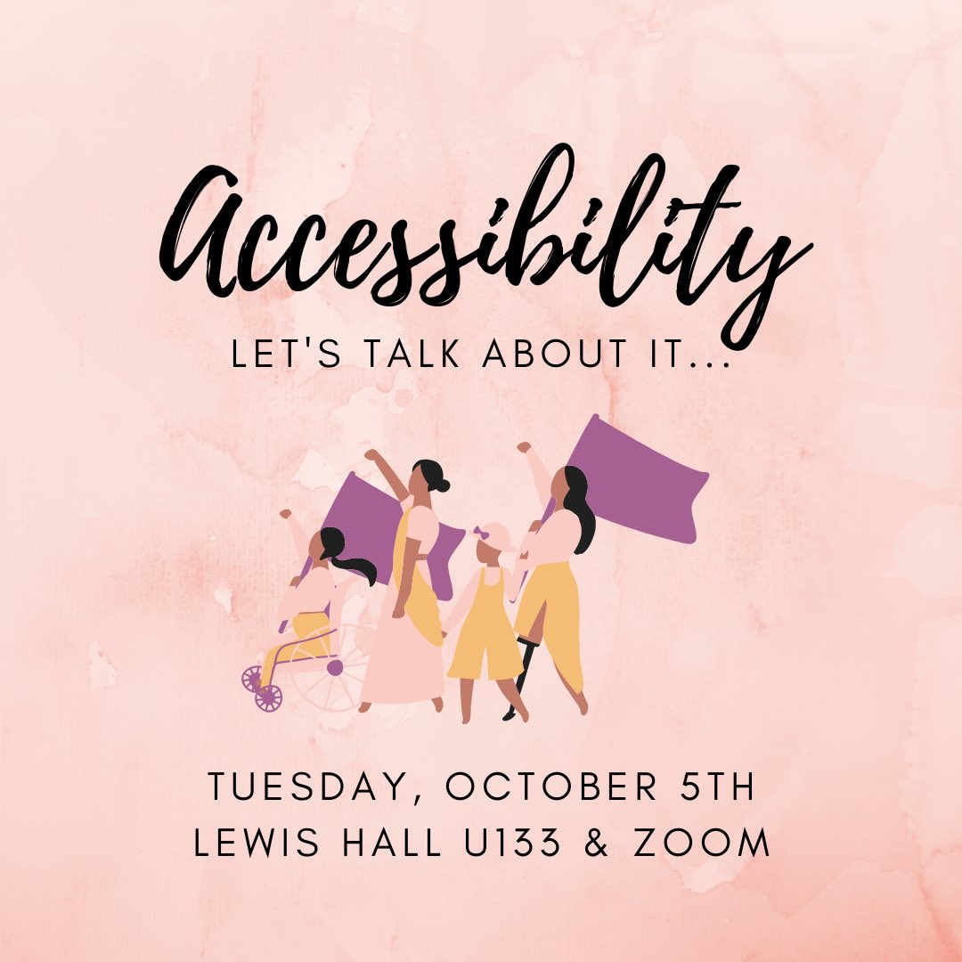 Have any accessibility concerns at UK… let’s talk about it.
•
•
•
< Image Description >
The post has a light pink background with an image of diverse individuals in the center. The post reads, “Accessibility. Let’s talk about it… Tuesday, October 5th Lewis Hall U133 &amp; Zoom”.