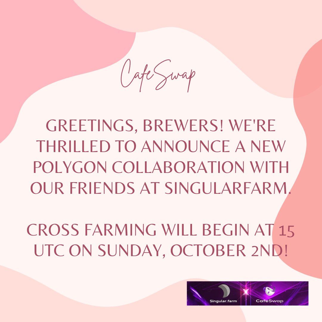 cccallista's tweet photo. Cross farming will begin at 15 UTC on Sunday, October 2nd!👀
@CafeSwapFinance #brew #Mocha #crosschainFarming #Polygon https://t.co/VgwM9WJJtB