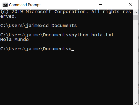 juriel0000's tweet photo. Vamos a correr nuestro primer programa. Lo haremos desde el modo hacker.
No pasamos a la carpeta documents
cd C:\Users\Jaime\Documents
Y corremos nuestro programa
python hola.txt
#AprendeProgramacion https://t.co/WmXdNZda6y