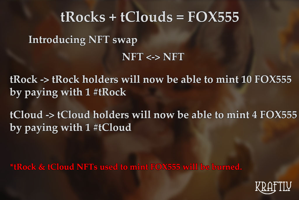Kraftlynft's tweet photo. https://t.co/H7IOdI1V4m introducing NFT swap 🥳🎉
Holders of #tRock and #tCloud will now be able to use them to mint #FOX555 NFTs 🔥🚀
#tRocks & #tCloud used to mint FOX555 will be burned 🔥
#tron #trx #nft $trx #btt https://t.co/GgE48OEvse