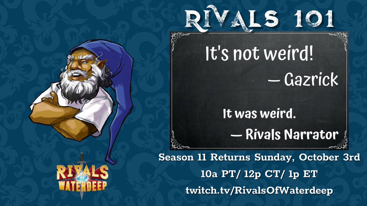 RivalsWaterdeep's tweet photo. We're one day away from our return, and here's Gazrick with today's #Rivals101 words of… advice? wisdom?
Let's just say it's a phrase that will serve you well in a variety of situations, and leave it at that.
TOMORROW! 10am PT/12pm CT https://t.co/VbwsLOckUG #DnD #WotCPartner https://t.co/hziNv9Dni8
