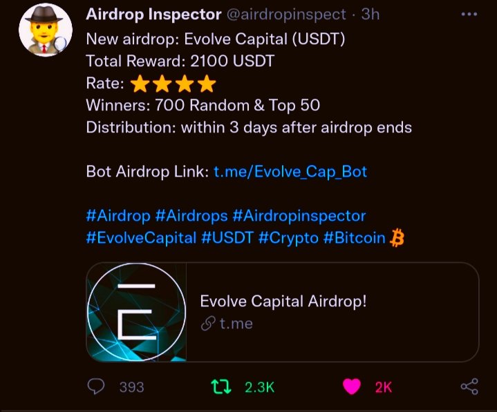 Sajidiq29518300's tweet photo. I believe same Time I will get BIg Reward from Airdorp 🤑
🙋Fast Join All Friends 🙋
Total Reward: 2100 USDT🤑🤑🤑🤑🤑🤑🤑🤑🤑🤑🤑
Bot Airdrop Link: https://t.co/efIkUDbI9v
#Airdrop #Airdrops #Airdropinspector #EvolveCapital #USDT #Crypto #Bitcoin https://t.co/nSz5rvA15q